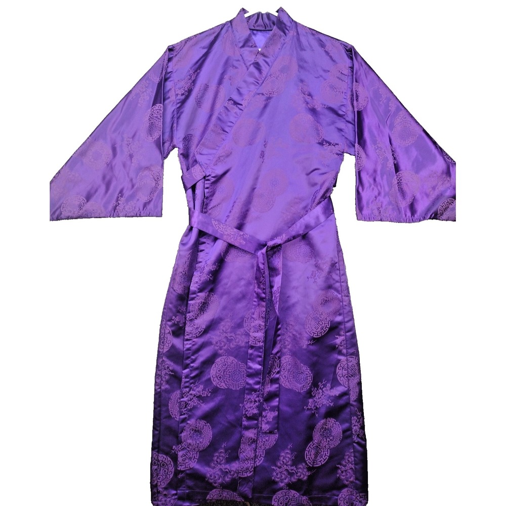 Vintage Japanese Belted Kimono Silky Dark Purple W Huge Butterfly Robe MCM 70's - Picture 2 of 16